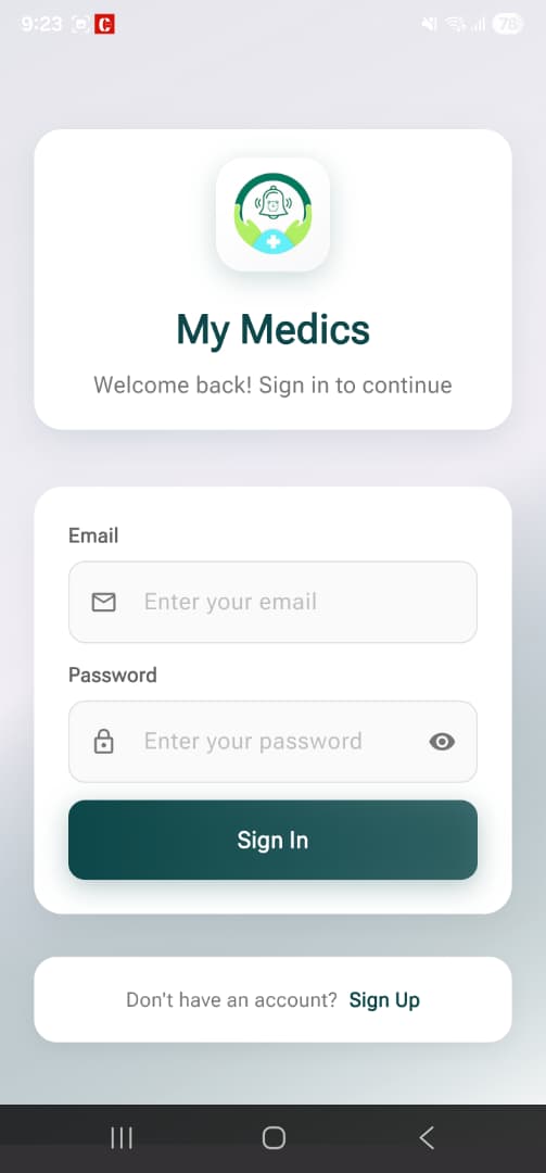 My Medics Sign In Screen